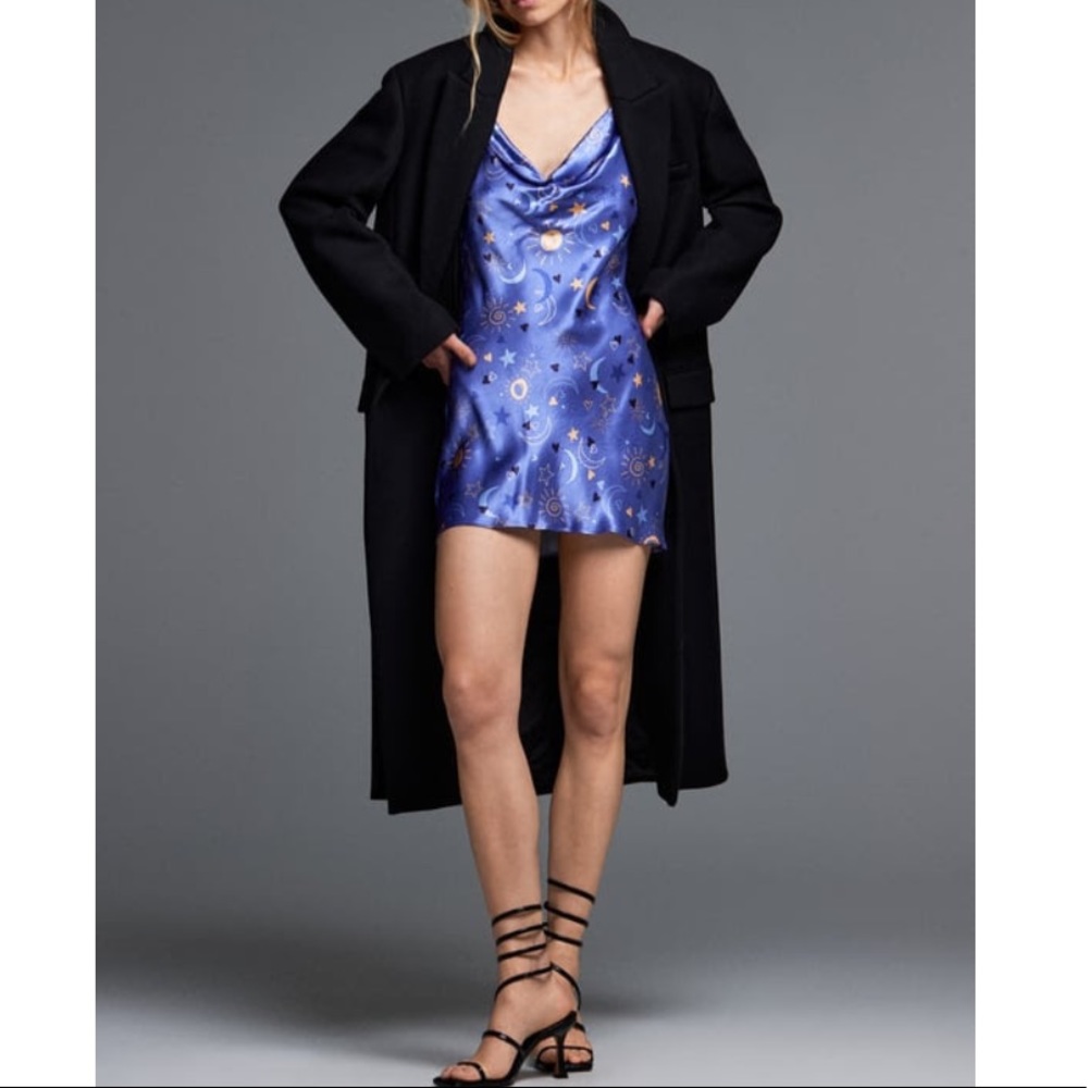 Zara Satin Effect Print Dress Lilac Slip